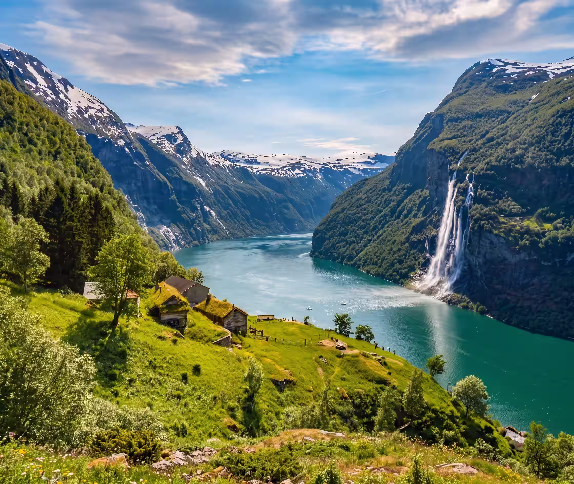 Geirangerfjord rodeado de montañas durante el recorrido por Noruega.